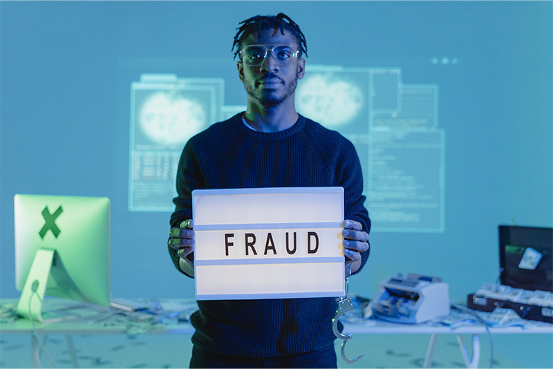 stockphoto man holding lighted sign with word fraud